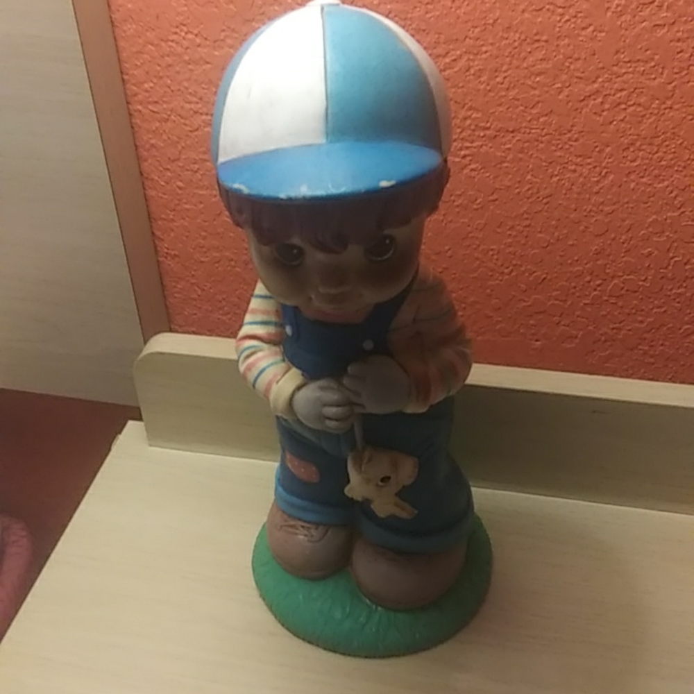 Vintage Hard Rubber Precious Moments Style Boy Holding A Fish Statue